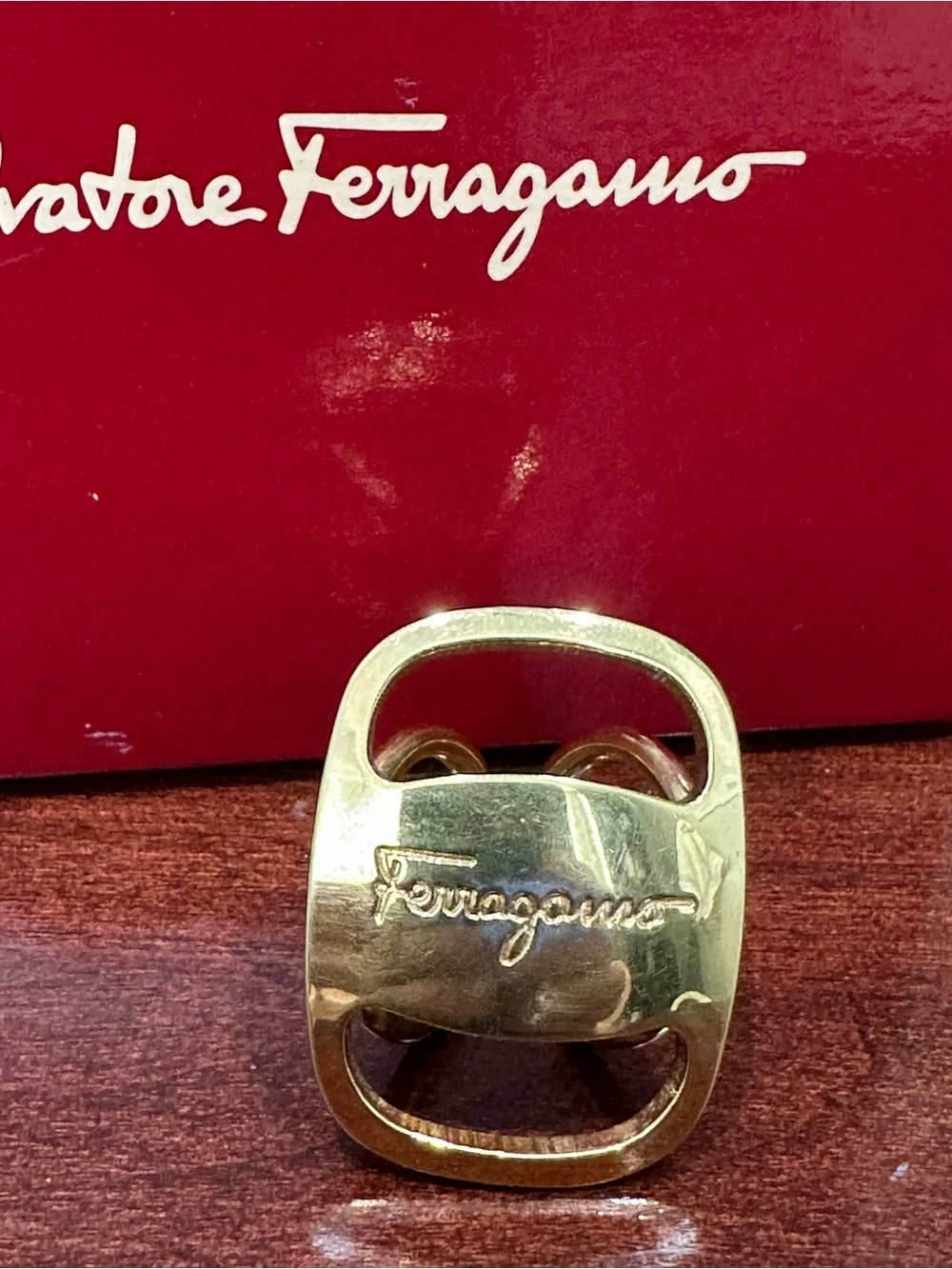 Salvatore Ferragamo Gold-Plated Gancini Scarf Ring with Box Made in Italy